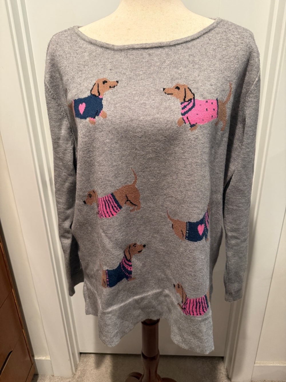 Women's Grey Crewneck Sweater with Pink & Navy Dachshund Motif